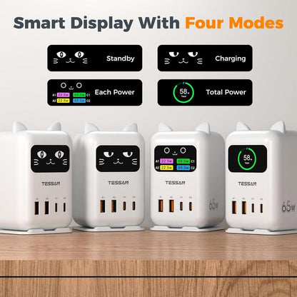 TESSAN Cute Charging Cat Design Charging Station, USB C Charger Block PD 65W, Desktop Tower Charger with 4 USB Ports for Iphone 17/16, Macbook, Tablet, Perfect for Sisters, Friends & Girlfriends! Ideal Gift for Christmas, New Year, Birthdays