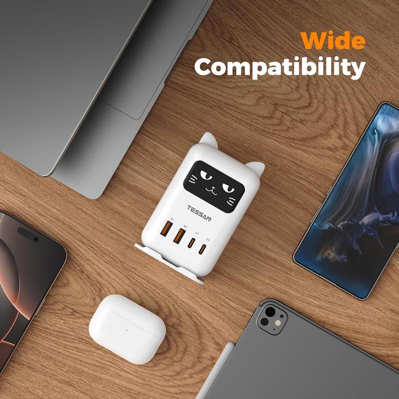 TESSAN Cute Charging Cat Design Charging Station, USB C Charger Block PD 65W, Desktop Tower Charger with 4 USB Ports for Iphone 17/16, Macbook, Tablet, Perfect for Sisters, Friends & Girlfriends! Ideal Gift for Christmas, New Year, Birthdays