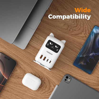 TESSAN Cute Charging Cat Design Charging Station, USB C Charger Block PD 65W, Desktop Tower Charger with 4 USB Ports for Iphone 17/16, Macbook, Tablet, Perfect for Sisters, Friends & Girlfriends! Ideal Gift for Christmas, New Year, Birthdays