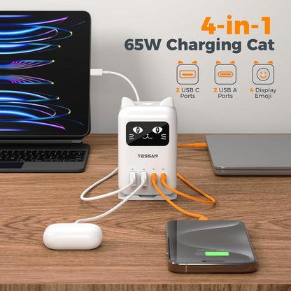 TESSAN Cute Charging Cat Design Charging Station, USB C Charger Block PD 65W, Desktop Tower Charger with 4 USB Ports for Iphone 17/16, Macbook, Tablet, Perfect for Sisters, Friends & Girlfriends! Ideal Gift for Christmas, New Year, Birthdays