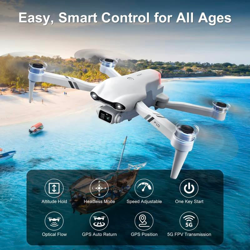 Aerial Drone 2025 F10 Pro with 4K UHD EIS Camera GPS 5G Wifi FPV Brushless Motors Optical Flow Smart Obstacle Avoidance Auto Return 360° Stunt Roll Dual Batteries