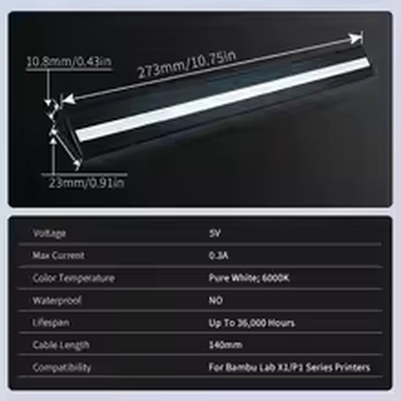 0.3A LED Light Aceraybar for Bambulab LED Light Bar Kit Magnetic Installation Aluminum Alloy Peel LED Strip for Bambu Lab P1 X1
